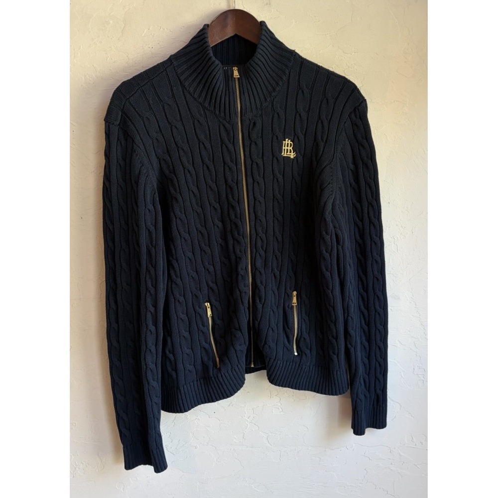 Lauren Ralph Lauren Navy Blue Cotton Cable Knit Zip Sweater XXL Preppy Logo